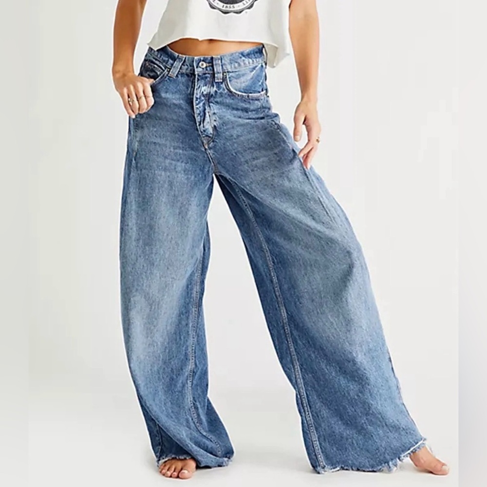 We The Free Wide Leg Flare Jeans in Light Blue Wash